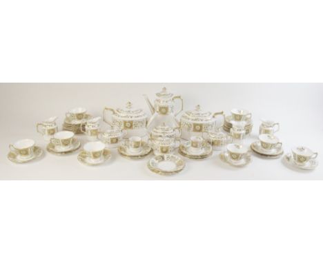 An extensive collection of Royal Crown Derby "Green Derby Panel" pattern tea and coffee wares, comprising: two teapots and co