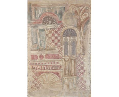 A silk applique wall hanging, 20th century, decorated with architectural elements in muted pink, blue and sand hues, copper c
