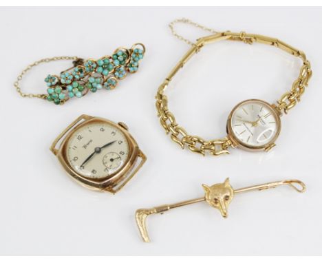 A 9ct gold hunting interest bar brooch, designed as a fox mask upon a riding crop, hinged pin and loop fastening to reverse, 