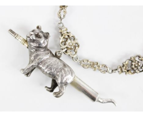 A Victorian novelty silver coloured propelling pencil by Sampson Mordan, modelled as a cat in standing position with fur effe