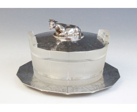 A Victorian silver mounted cut glass butter dish, Henry Wilkinson &amp; Co, Sheffield 1856, the dish modelled as a coopered b