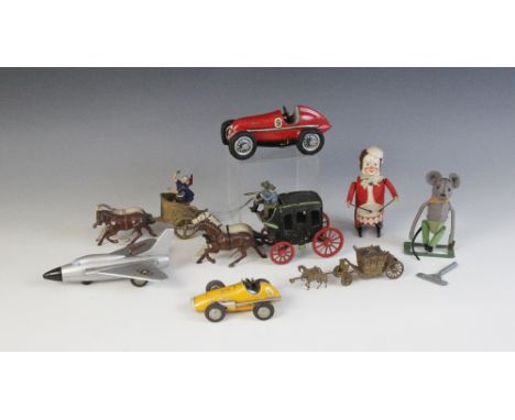 Four Schuco clockwork toys, 20th century, comprising a 1033 Douglas-Skyray, a 1050 Mercedes racing car, a Micro Racer, and a 