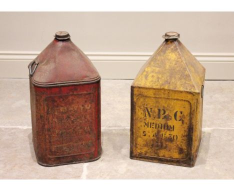 A vintage red Kenneth Thelwall five gallon pyramid top oil can, along with a yellow NPC Medium five gallon oil can (2) 