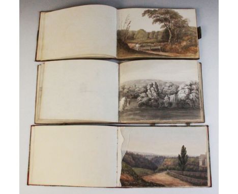 Three sketch books, probably 19th century, each containing finished watercolours, watercolour sketches and pencil drawings, m