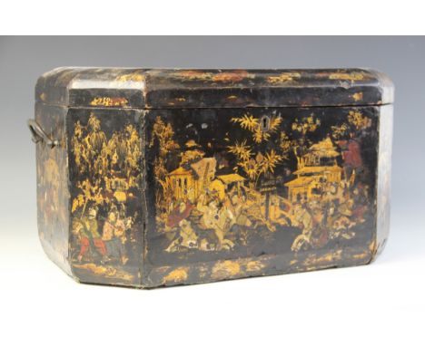 A 19th century chinoiserie lacquered sewing box, of octagonal form, painted with warriors on horseback within a pagoda landsc