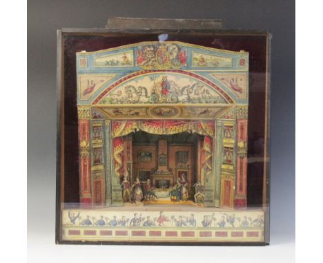 A Victorian table top paper theatre, 19th century, with hand coloured proscenium arch, scenery and characters, set on a woode