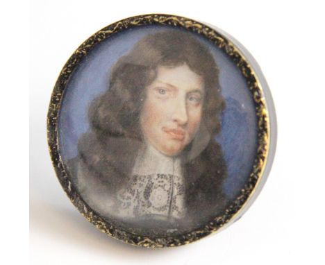 English School (19th century),A portrait miniature, tondo, depicting James II, with curled hair and lace collar against a vib