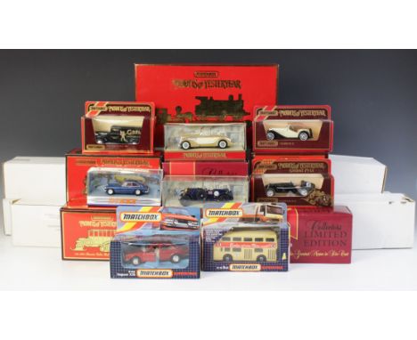 Four boxed Matchbox Superfast die-cast model vehicles, comprising a number 5 Lotus Europa, a number 41 Ford GT, a number 52 D