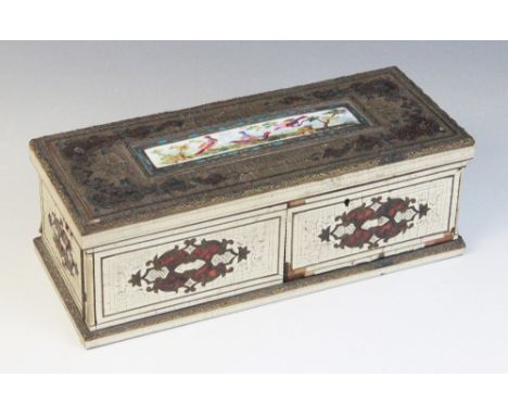 A faux ivory and boulle work casket, with hinged cover and split hinged front panel opening to a faux tortoiseshell boulle wo