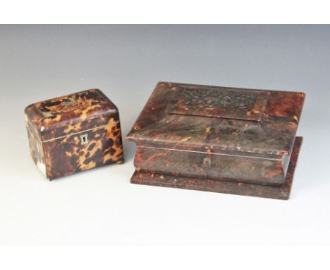 A tortoiseshell sewing box, 19th century, the casket form box of ogee profile, the hinged cover with central panel inlayed wi