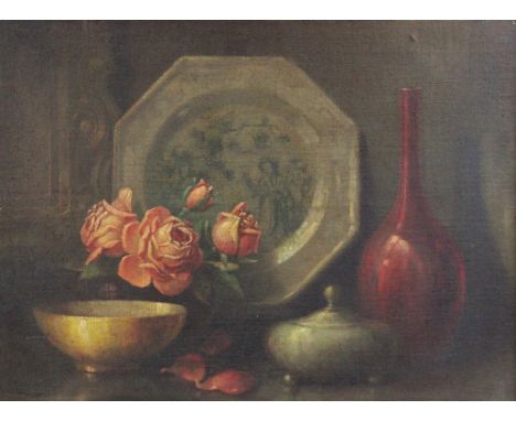 Dutch School (late 19th century),Still life with coral roses and ruby bottle with bowls and octagonal plate,Oil on canvas app