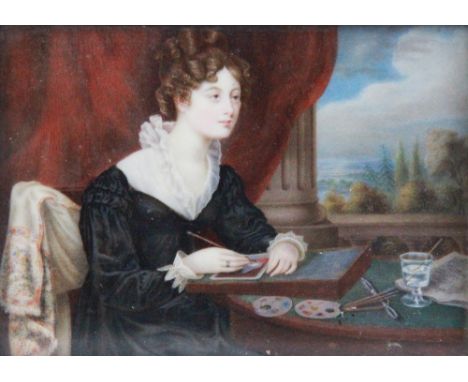 English school (early 19th century),A portrait miniature depicting a young lady, dressed in the Empire style, painting the vi