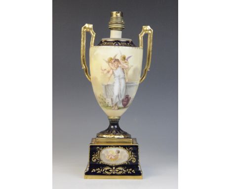 A 19th century Vienna style porcelain vase converted to a lamp base, of urn form raised on square base, decorated with a clas