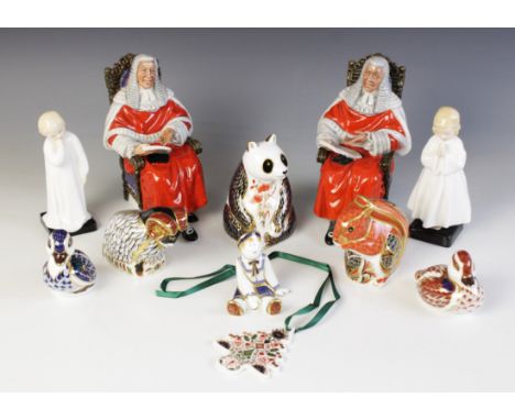 Two Royal Doulton HN2443 "The Judge" figures, each 15.5cm high, with HN1978 "Bedtime", 14.5cm high, HN1985 "Darling", 13cm hi