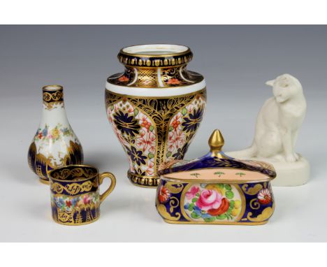 A Crown Staffordshire trinket box and miniature vase etc, the trinket box of rounded rectangular form, decorated with flowers