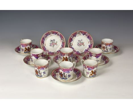 A set of eight 19th century Samson of Paris porcelain cabinet cups &amp; saucers in a Chinese export famille rose armorial wa