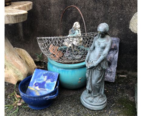 A small collection of Garden ornaments and planters etc, comprising of a blue glazed planter; wire basket; tile, depicting a 