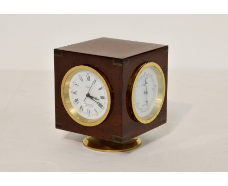 An elegant vintage Imhof desk compendium / weather station, Swiss, of mahogany cube form incorporating clock, barometer, ther