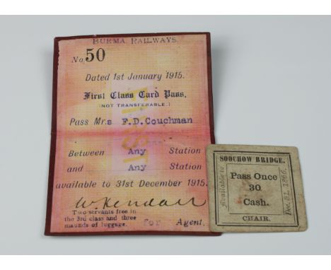 Burma Railways interest - Free Pass ticket, No. 50, dated 1st January, 1915 - First Class card pass (Mrs F. D. Couchman), tog