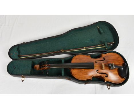 early 20th century or later violin - two piece back labelled 'Copy of Antonius Stradivarius Germany', comes cased with unsign