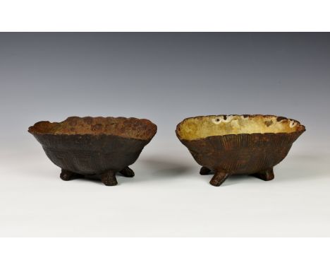 Two novelty Victorian cast iron dog bowls fashioned as inverted tortoises, the larger with indistinct diamond registration ma
