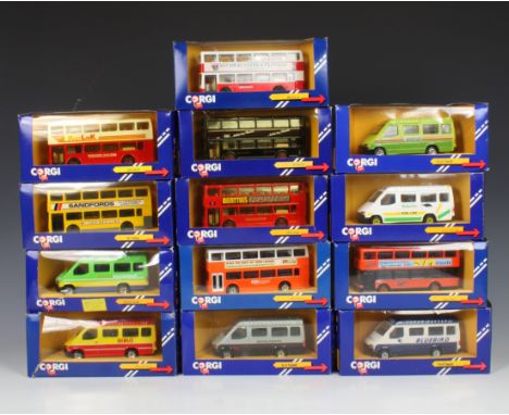 Corgi - Thirteen boxed Ford Transit vans and Metrobus diecast models, various models, livery etc. (13)