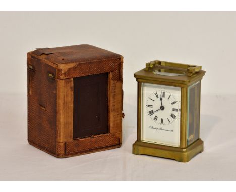 An early 20th century French brass carriage clock, by Duverdry &amp; Bloquel, single train movement with lion trademark, the 