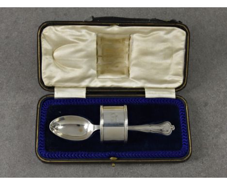 A cased George V silver christening set, Joseph Rodgers &amp; Sons, Sheffield, 1925, the hinged box retailed in Guernsey open