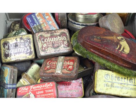 A large collection of various gramophone needle tins, comprising of thirty five + tins, mostly with contents, to include vari
