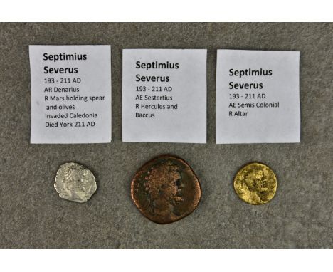 Numismatics - Roman coins: Three Septimius Serverus 193-211 AD, comprising: AR Denarius, reverse Mars holding spear & olives;