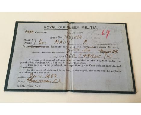 A rare Royal Guernsey Militia recruit / I.D card, named to F. Mahy, Army No. 7539084, dated June 1923