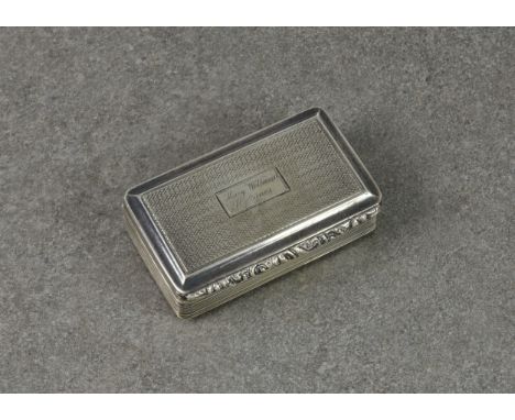 Cornish interest - a William IV silver snuff box, Francis Clark, Birmingham 1834, rectangular with engine turned decoration, 