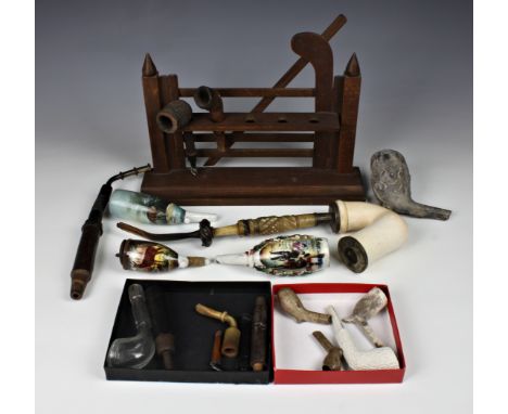 Various tobacco pipes and novelty pipe rack fashioned as a gate, to include three Bavarian porcelain bowls; various clay pipe