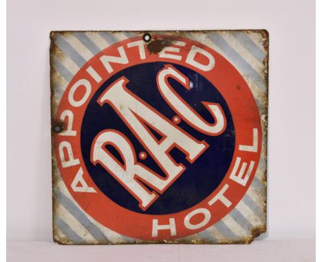 A rare early R.A.C APPOINTED HOTEL lozenge shape double sided enamel sign, the reverse very well rubbed and painted over, 20i