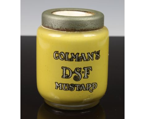Advertising - A Stourbridge DG ware novelty glass Colmans D.S.F Mustard inkwell, having white ceramic lining and metal mounte