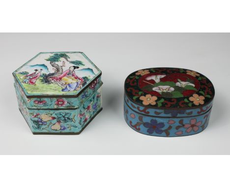Two modern Chinese cloisonné trinket boxes, the first of oval form decoration in the usual palette, having a floral design, 3