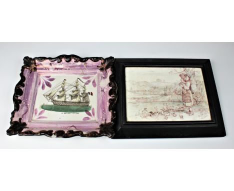 A Sunderland lustre wall plaque - transfer printed with a ship, La Bretagne - 140 Guns, coloured within a moulded brown and p