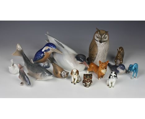 Nine Royal Copenhagen animal figurines, comprising of 827 Tern; 2999 Owl; 323y Kingfisher; 2676 Trout; 2552 Fish; 1506 Creste