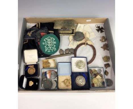 Military and Guernsey interest - Rummage tray of collectables, To include a 1813-1939 Iron Cross; Irish Fusiliers shoulder ti