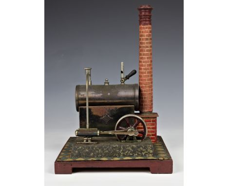 A boxed Bing GBN stationary live steam engine, early 20th century, horizontal boiler with brick pattern tinplate chimney, dri