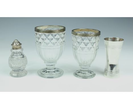 Two silver mounted George III small diamond cut glass footed goblets, the mounts hallmarked London. 1800, the larger 4 38in. 