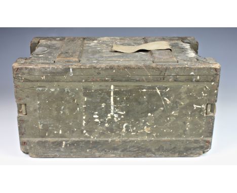 A WWII period wooden ammunition case, painted green, with painted initials to lid 'VJCC', canvas carrying handle and spring l