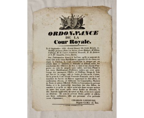 Guernsey Law interest - A rare 19th century 'ORDONNANCE DE LA COUR ROYALE' poster dated 1832, Le 6 Septembre 1832, devant Dan