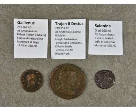 Numismatics - Roman coins: Trajan II Decius 249-251 AD, AE Sestertius Colonial, reverse soldier, together with Gallienus 253-