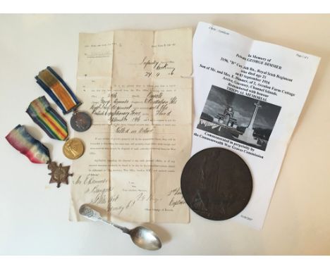 Guernsey military interest - World War One Royal Irish Regiment medal trio and memorial / death penny named to 3196 Pte Georg