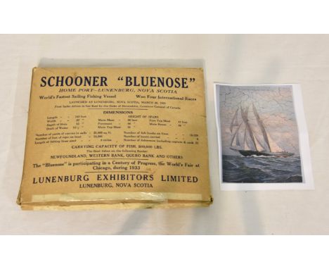 A rare boxed 1933 hand cut jigsaw puzzle - Schooner "Bluenose", Lunenburg Exhibitors Limited, Nova Scotia, the puzzle depicti