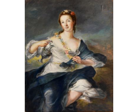 20th century School, Portrait of a classical female holding a silver ewer and shell cup oil on canvas, in an antique style gi