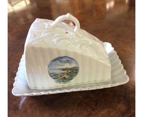 Guernsey advertising interest - 'Cobo Bay' ceramic cheese dish &amp; tray, of ribbed design having foliate top and twig handl
