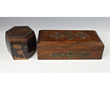 A 19th century Italian Sorrento ware hexagonal tea caddy, decorated in the typical manner, 4½in. (11.4cm.) high, together wit