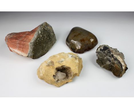 NATURAL HISTORY - Four mineral boulders / clusters, comprising of a Crystal Geode within sandy coloured rock / Galena, Pyrite